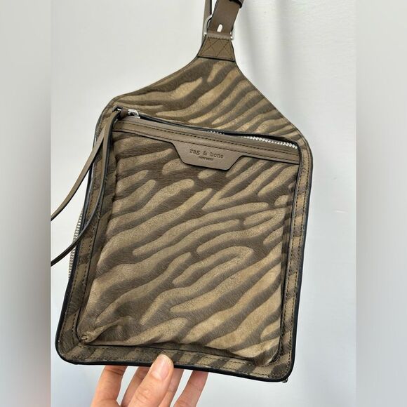 Rag & Bone Elliot Sling Pack Taupe Green Leather Zebra Pony Hair - Picture 8 of 14